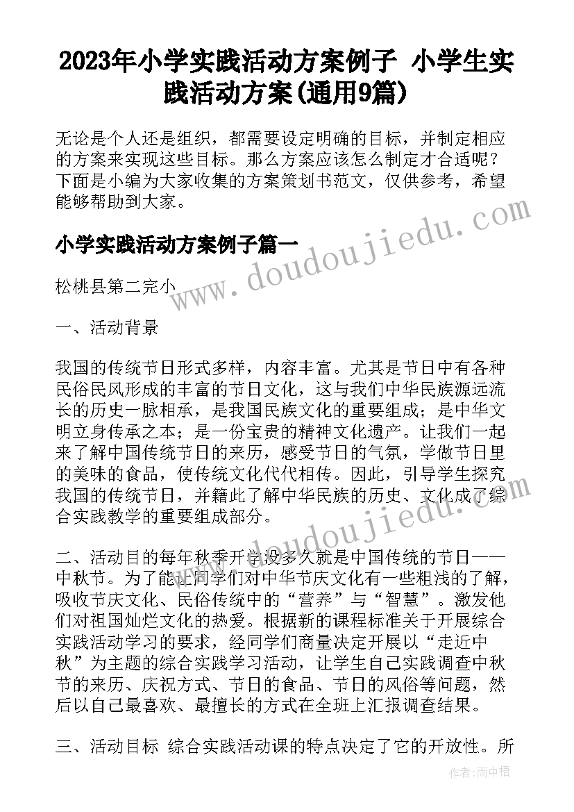 2023年小学实践活动方案例子 小学生实践活动方案(通用9篇)