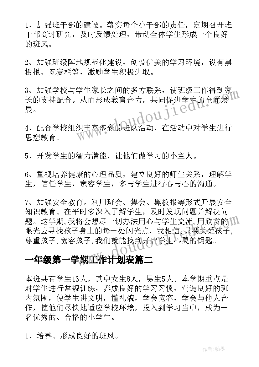 2023年一年级第一学期工作计划表 小学一年级班主任第一学期工作计划(精选6篇)