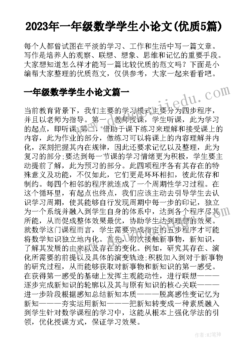 2023年一年级数学学生小论文(优质5篇)