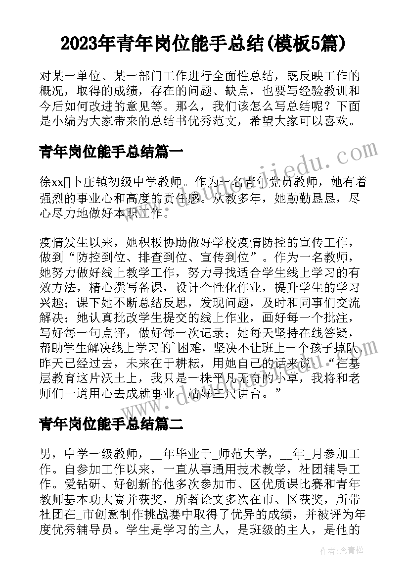 2023年青年岗位能手总结(模板5篇)