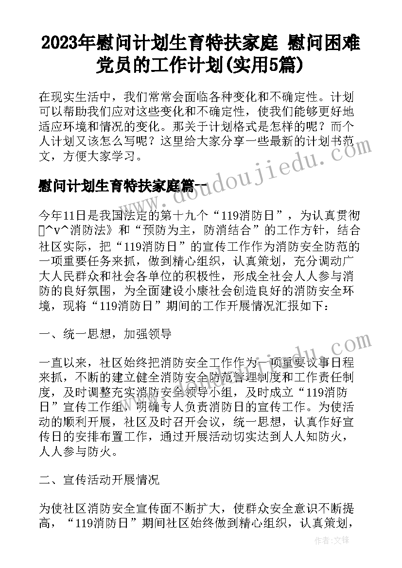 2023年慰问计划生育特扶家庭 慰问困难党员的工作计划(实用5篇)