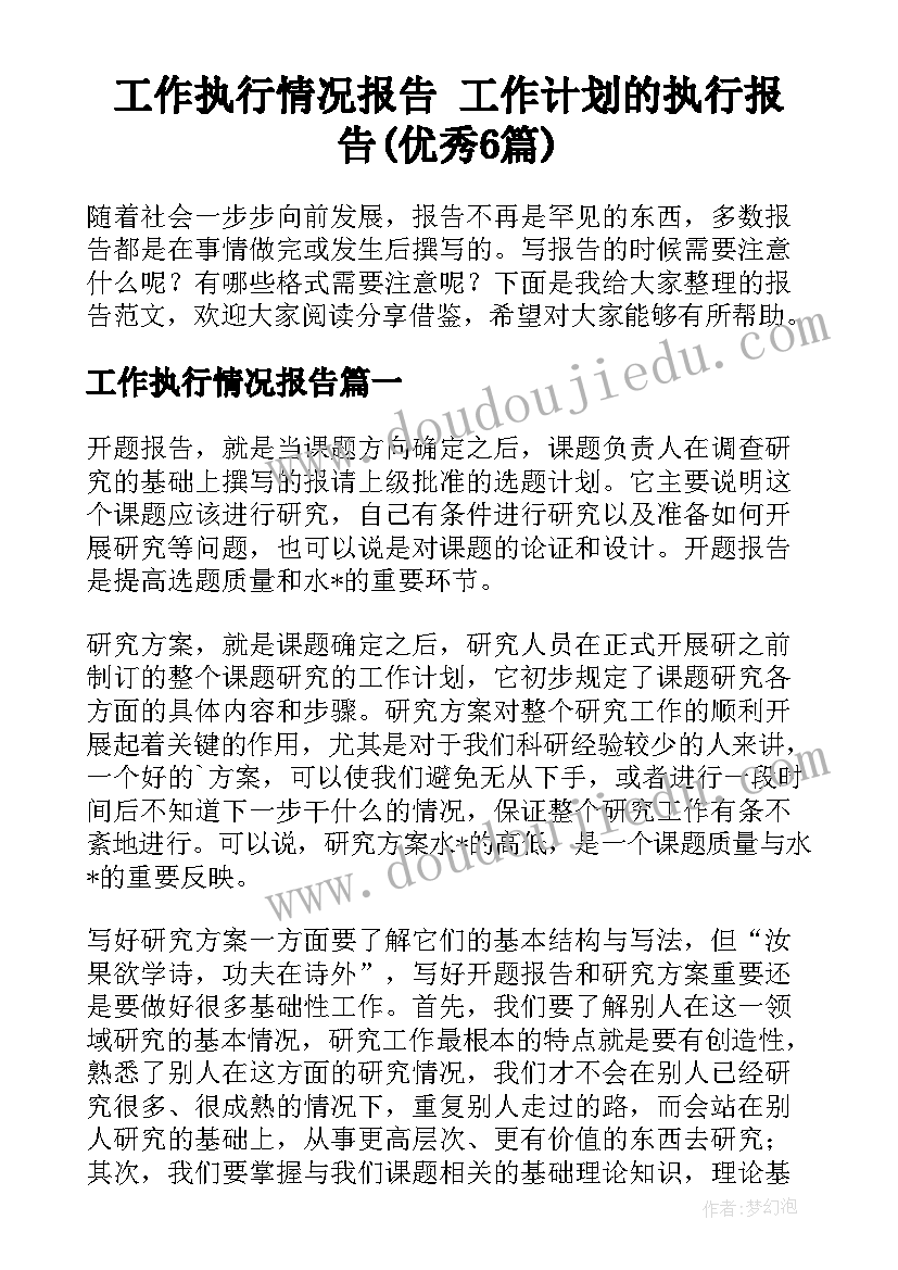 工作执行情况报告 工作计划的执行报告(优秀6篇)