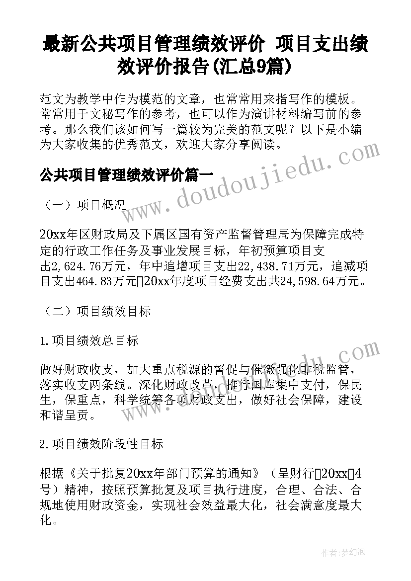 最新公共项目管理绩效评价 项目支出绩效评价报告(汇总9篇)