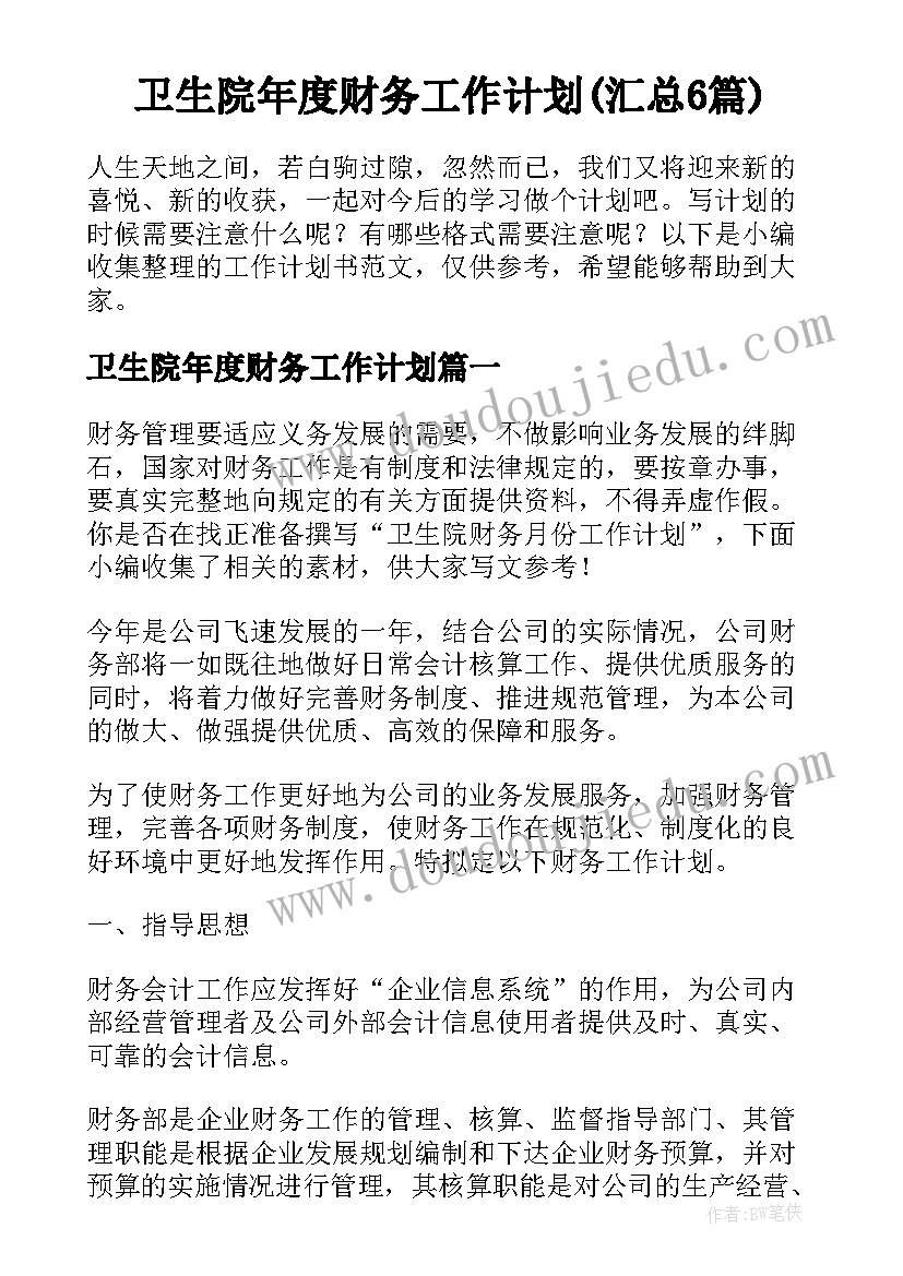 卫生院年度财务工作计划(汇总6篇)