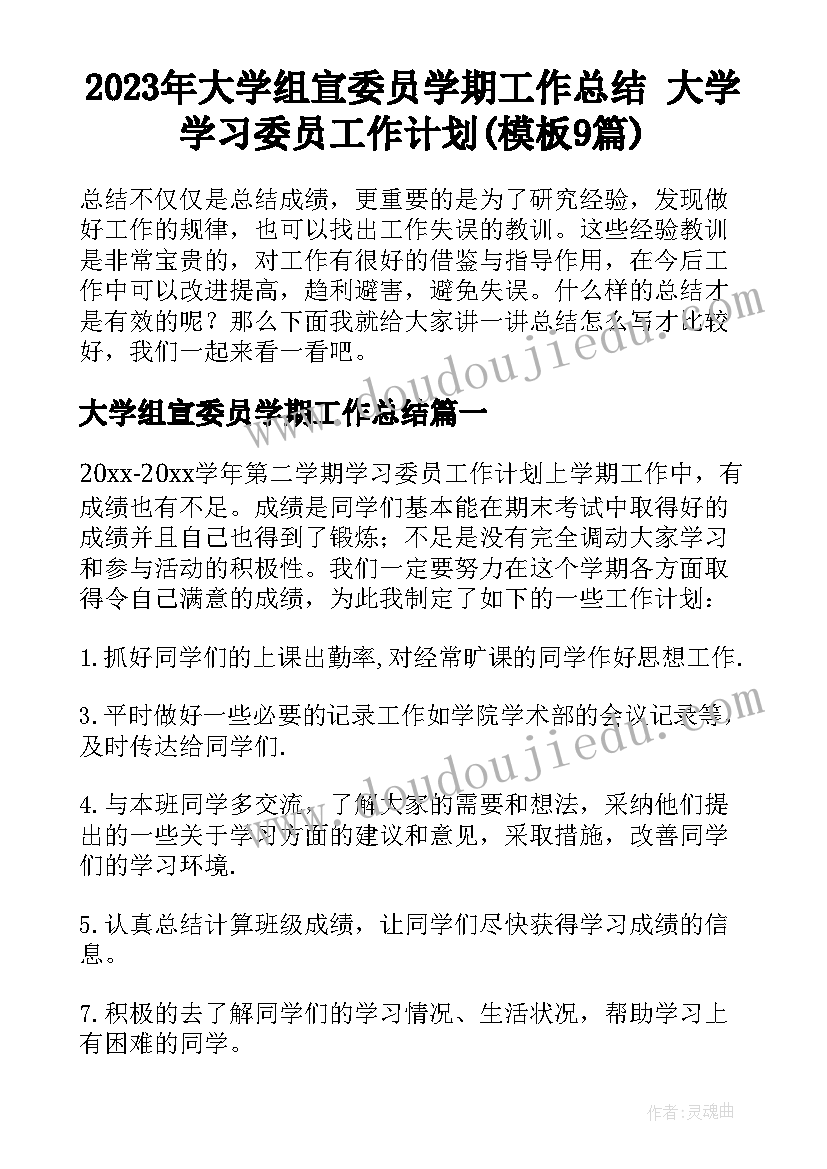 2023年大学组宣委员学期工作总结 大学学习委员工作计划(模板9篇)