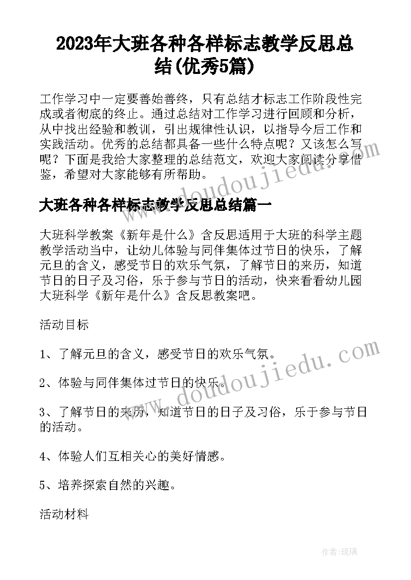 2023年大班各种各样标志教学反思总结(优秀5篇)