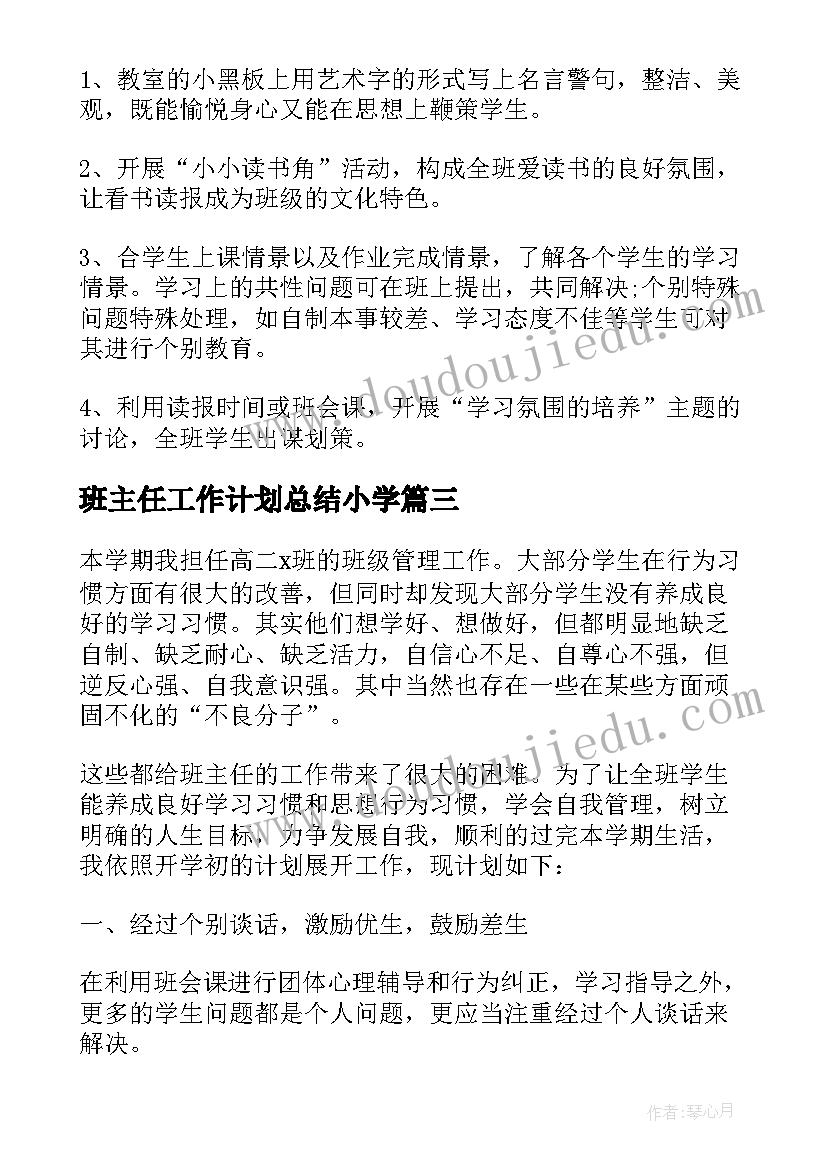 2023年班主任工作计划总结小学(优秀5篇)