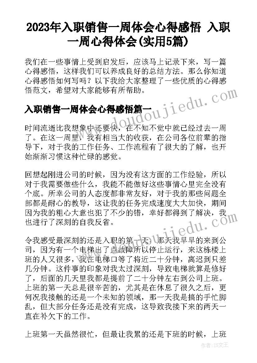 2023年入职销售一周体会心得感悟 入职一周心得体会(实用5篇)