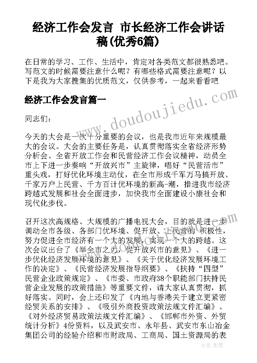 经济工作会发言 市长经济工作会讲话稿(优秀6篇)