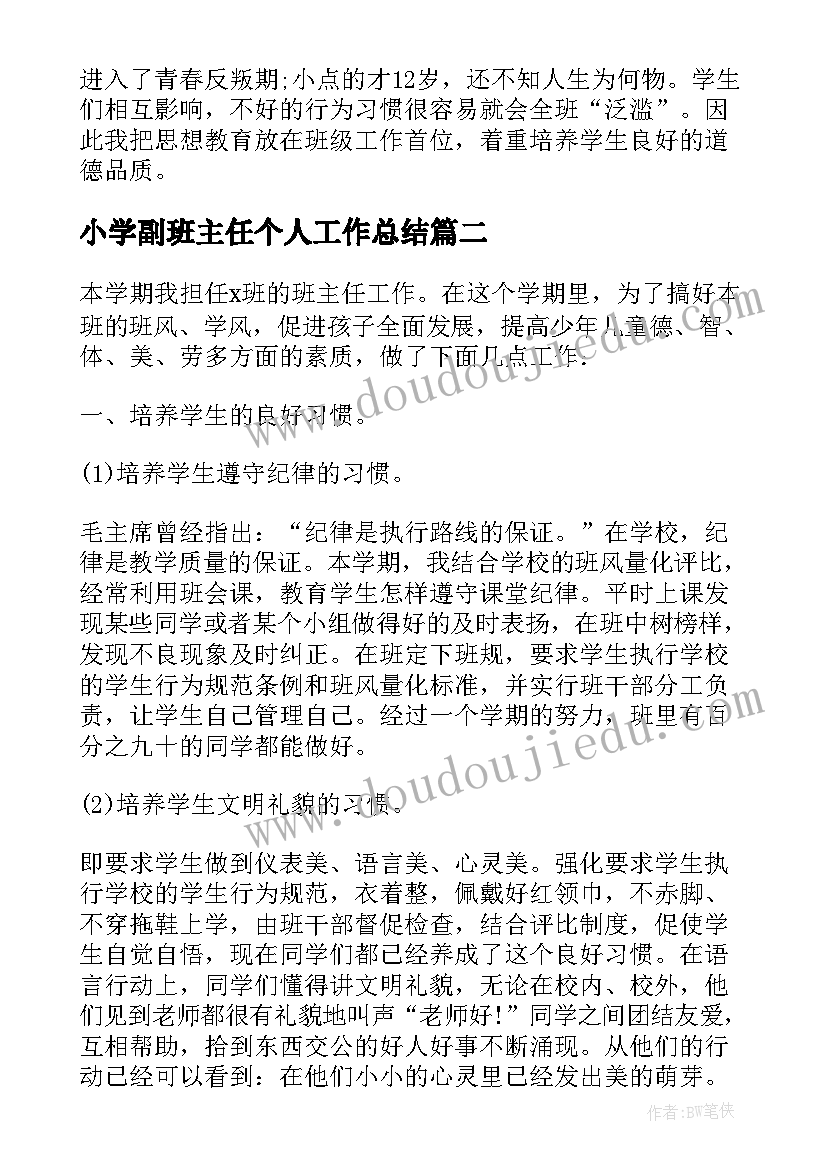 小学副班主任个人工作总结 小学班主任个人工作总结(通用5篇)