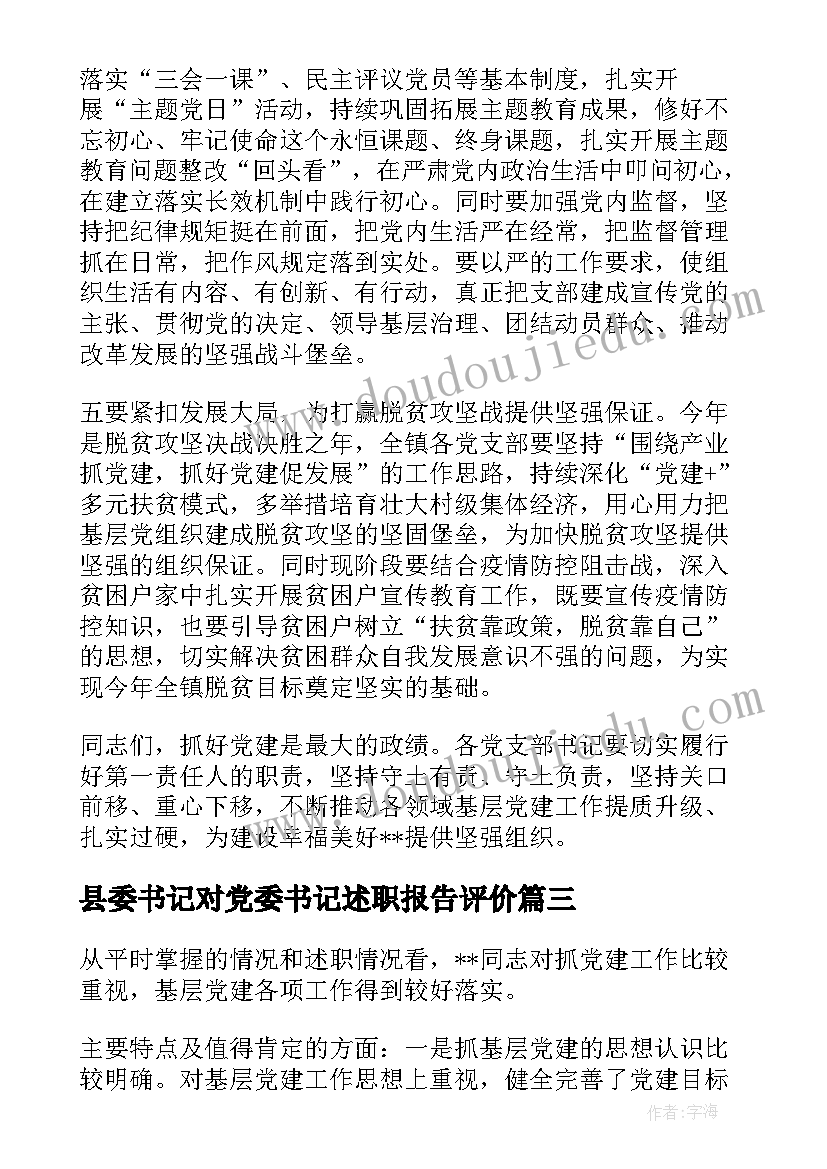 县委书记对党委书记述职报告评价 党支部书记述职评议点评意见(优秀5篇)