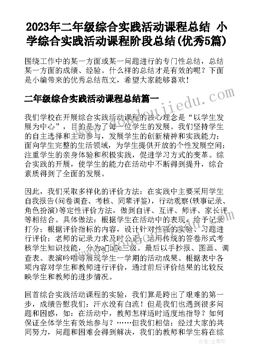 2023年二年级综合实践活动课程总结 小学综合实践活动课程阶段总结(优秀5篇)