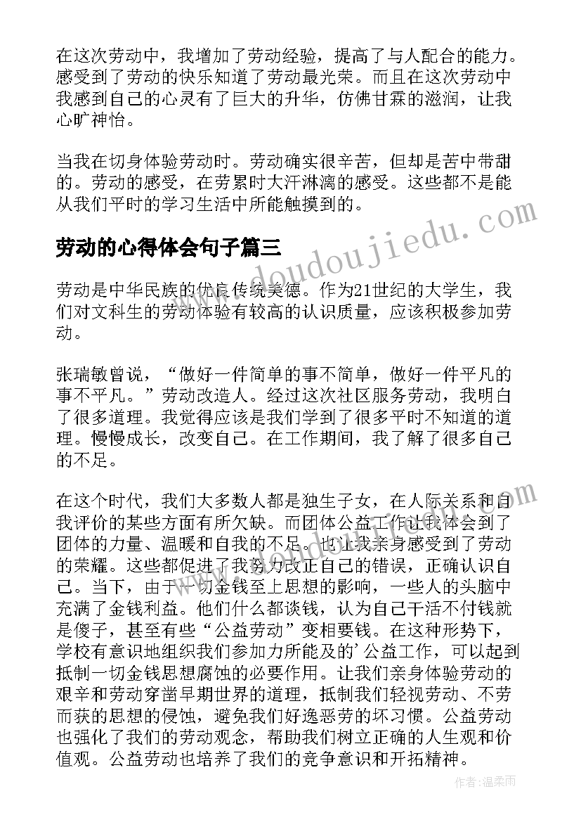 劳动的心得体会句子(优质9篇)