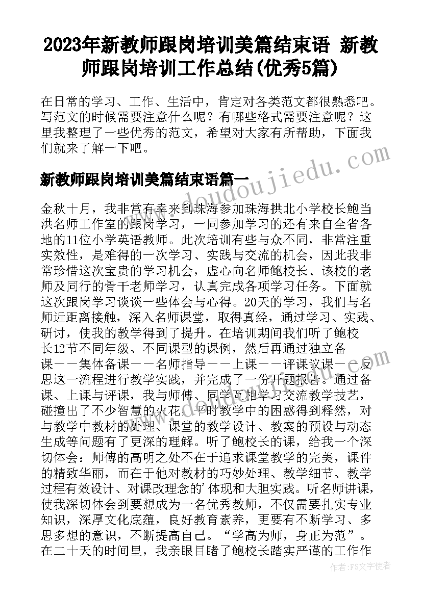 2023年新教师跟岗培训美篇结束语 新教师跟岗培训工作总结(优秀5篇)