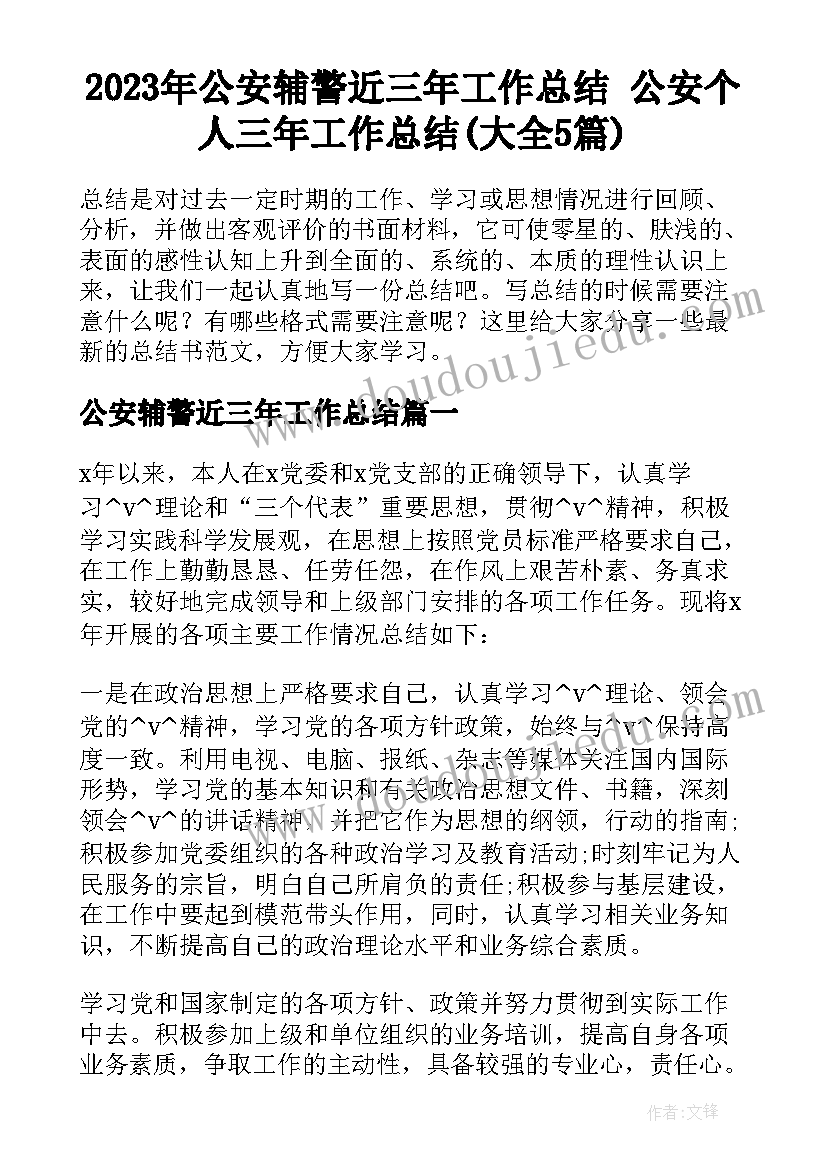 2023年公安辅警近三年工作总结 公安个人三年工作总结(大全5篇)