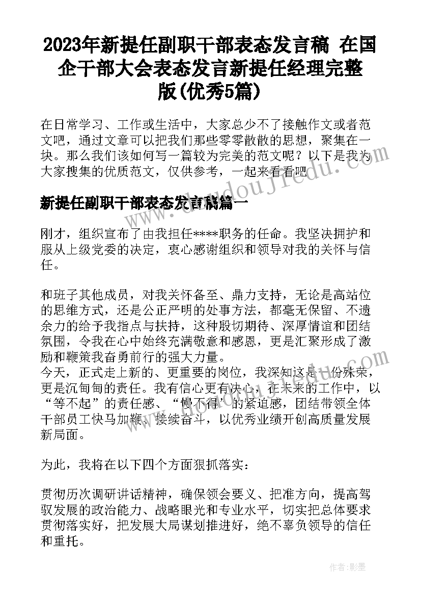 2023年新提任副职干部表态发言稿 在国企干部大会表态发言新提任经理完整版(优秀5篇)