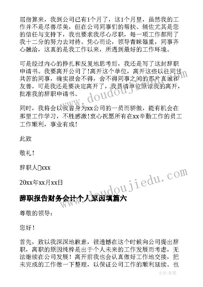 辞职报告财务会计个人原因填(模板7篇)