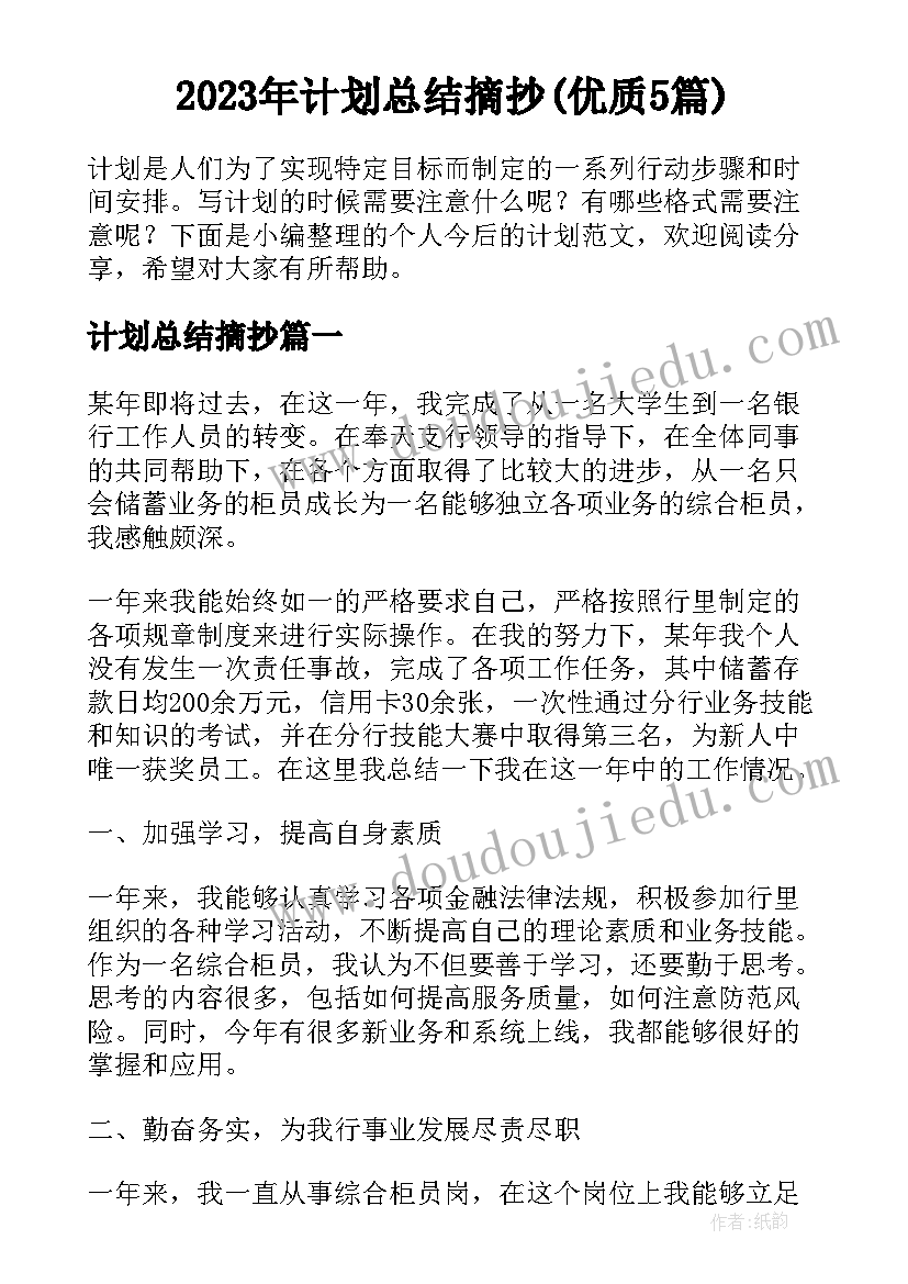 2023年计划总结摘抄(优质5篇)