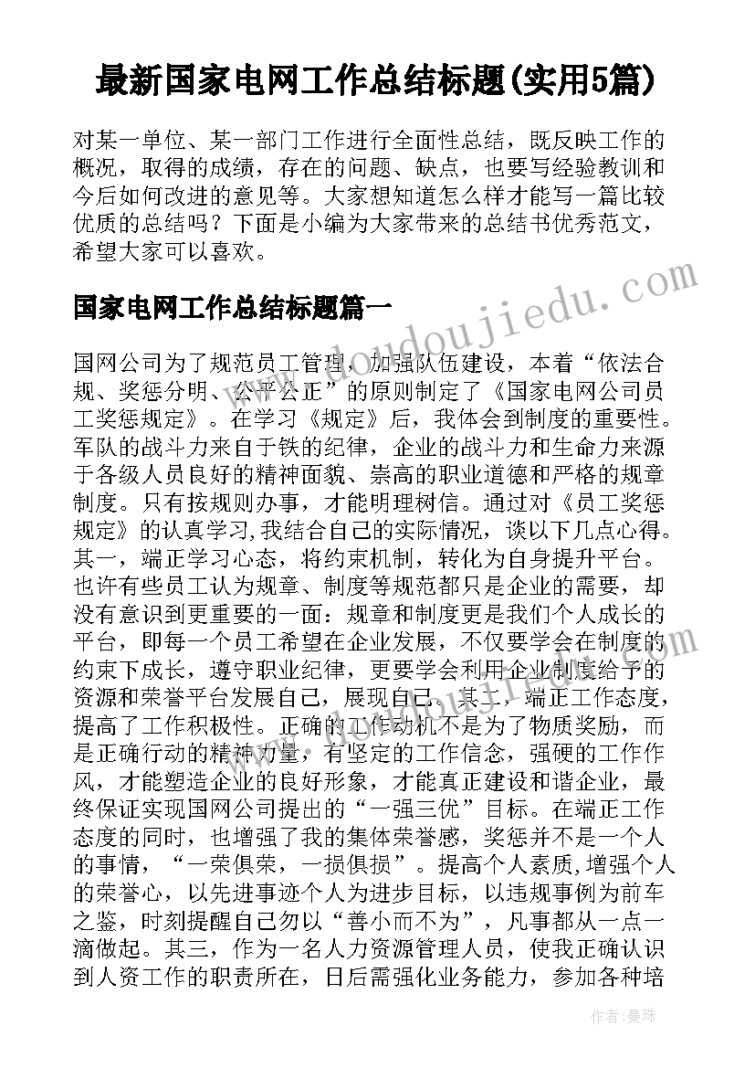 最新国家电网工作总结标题(实用5篇)