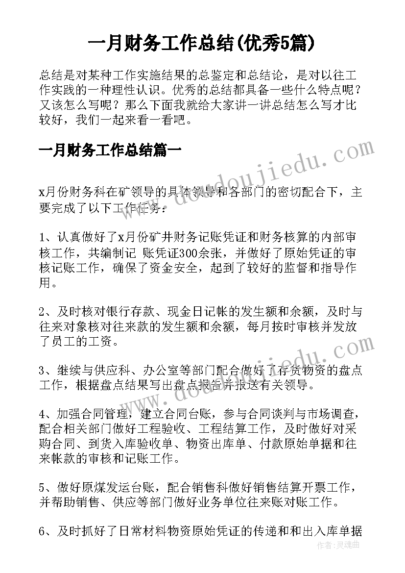 一月财务工作总结(优秀5篇)