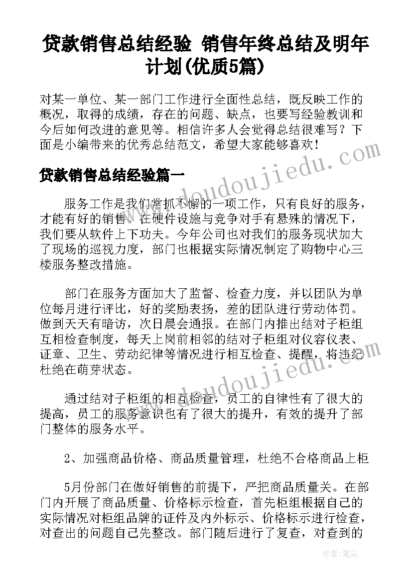 贷款销售总结经验 销售年终总结及明年计划(优质5篇)