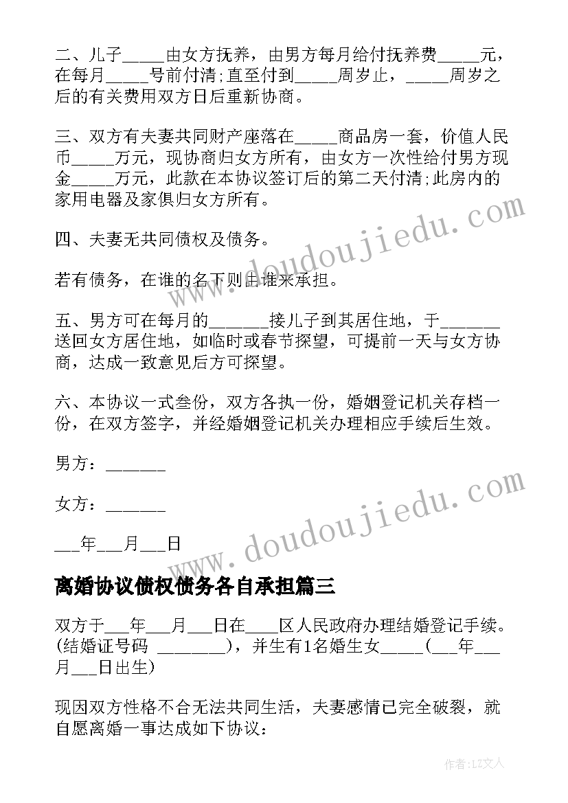 2023年离婚协议债权债务各自承担(优质5篇)