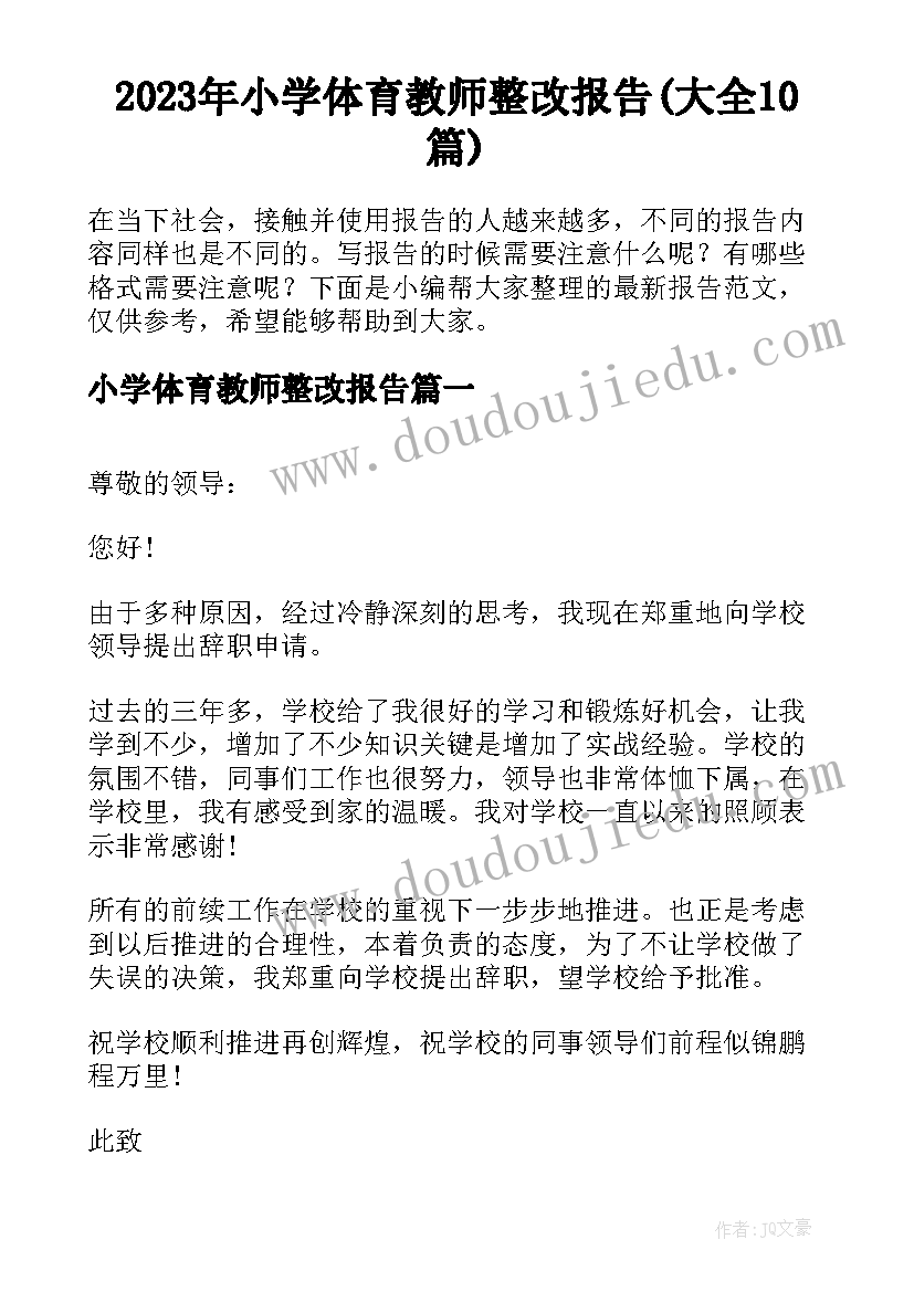 2023年小学体育教师整改报告(大全10篇)