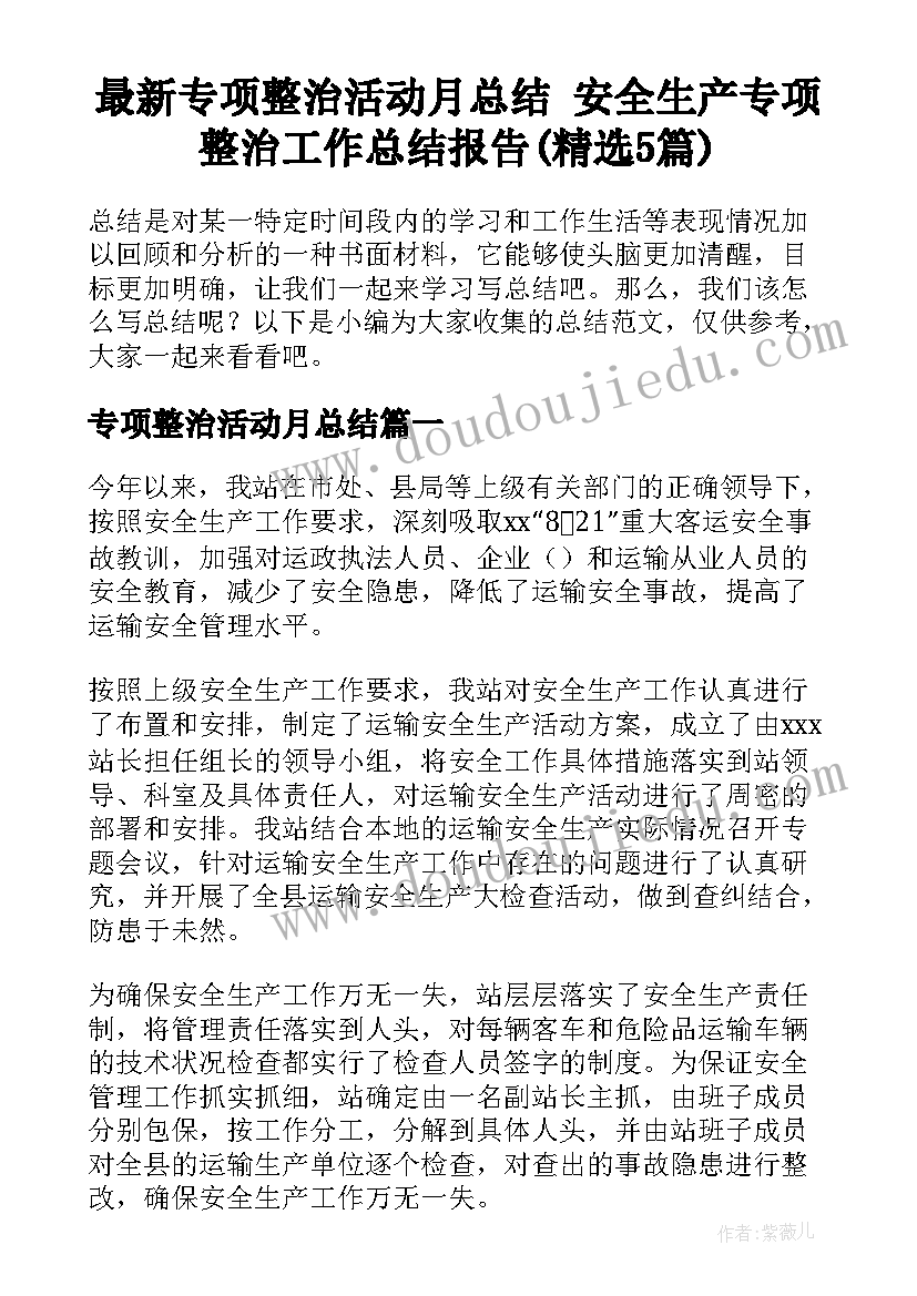 最新专项整治活动月总结 安全生产专项整治工作总结报告(精选5篇)