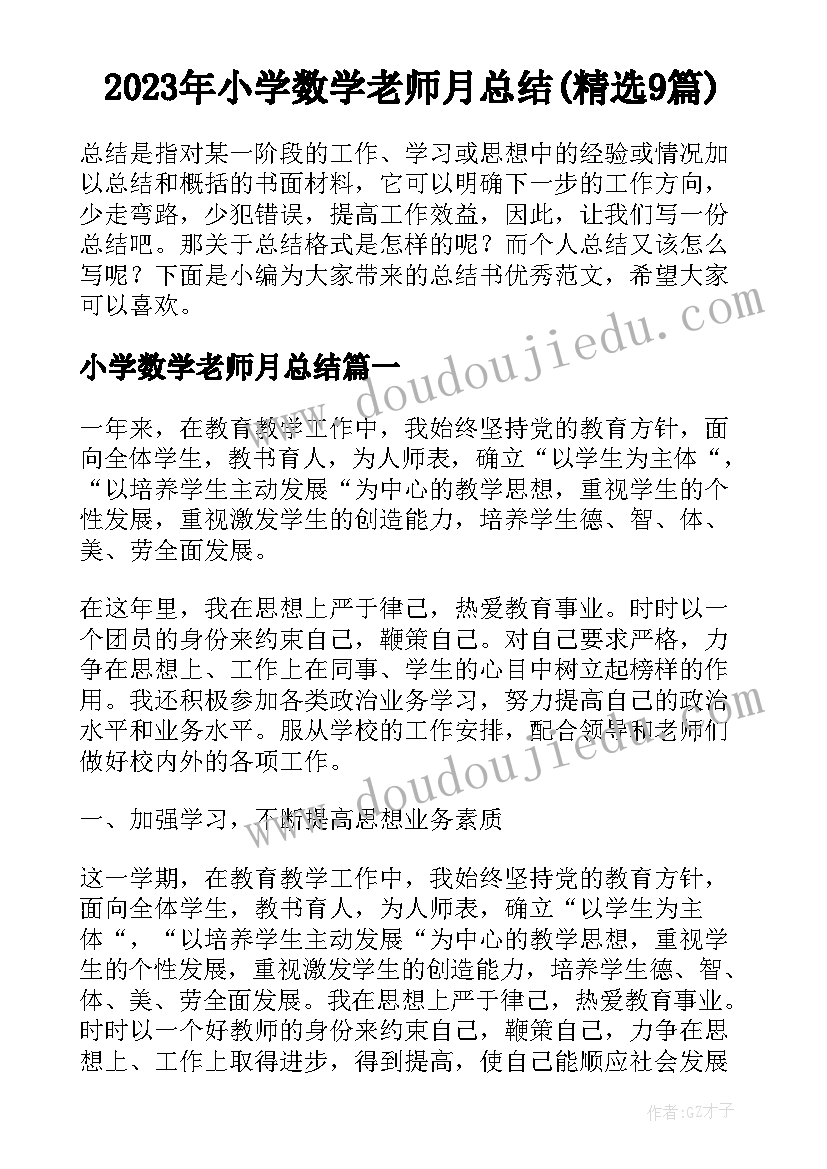 2023年小学数学老师月总结(精选9篇)