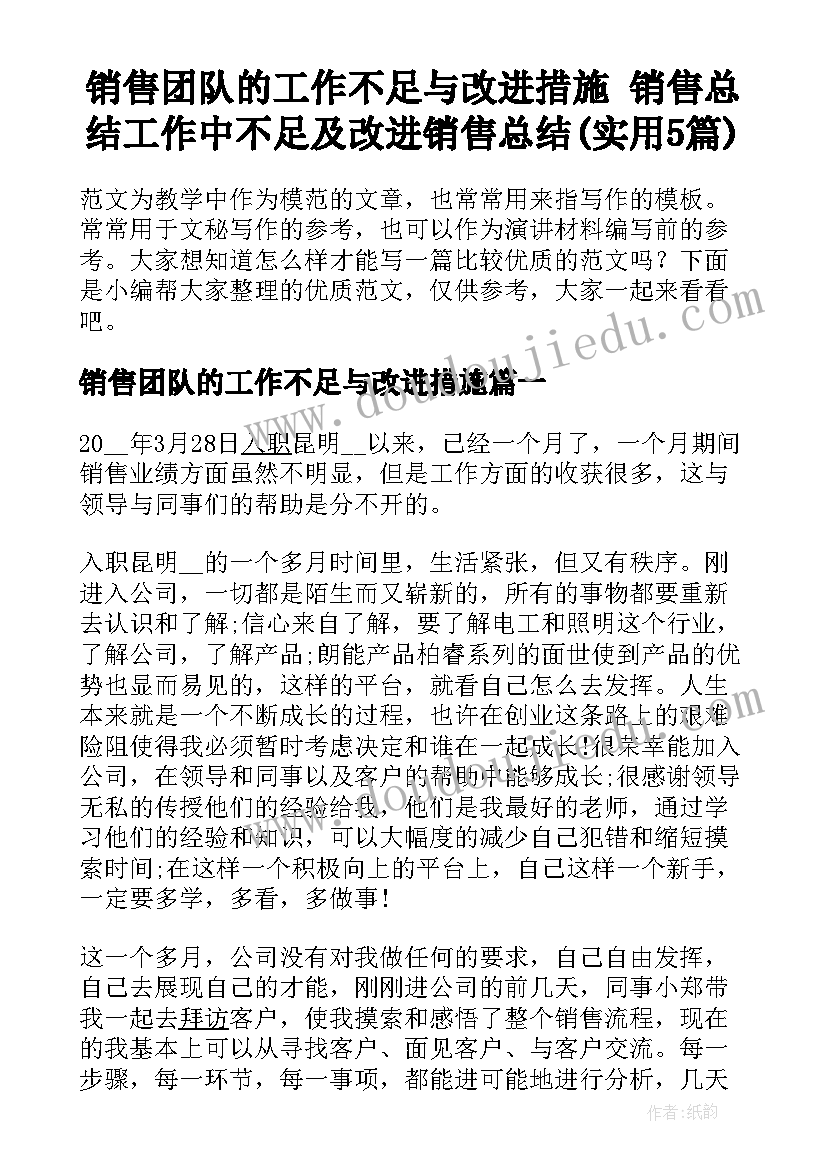 销售团队的工作不足与改进措施 销售总结工作中不足及改进销售总结(实用5篇)