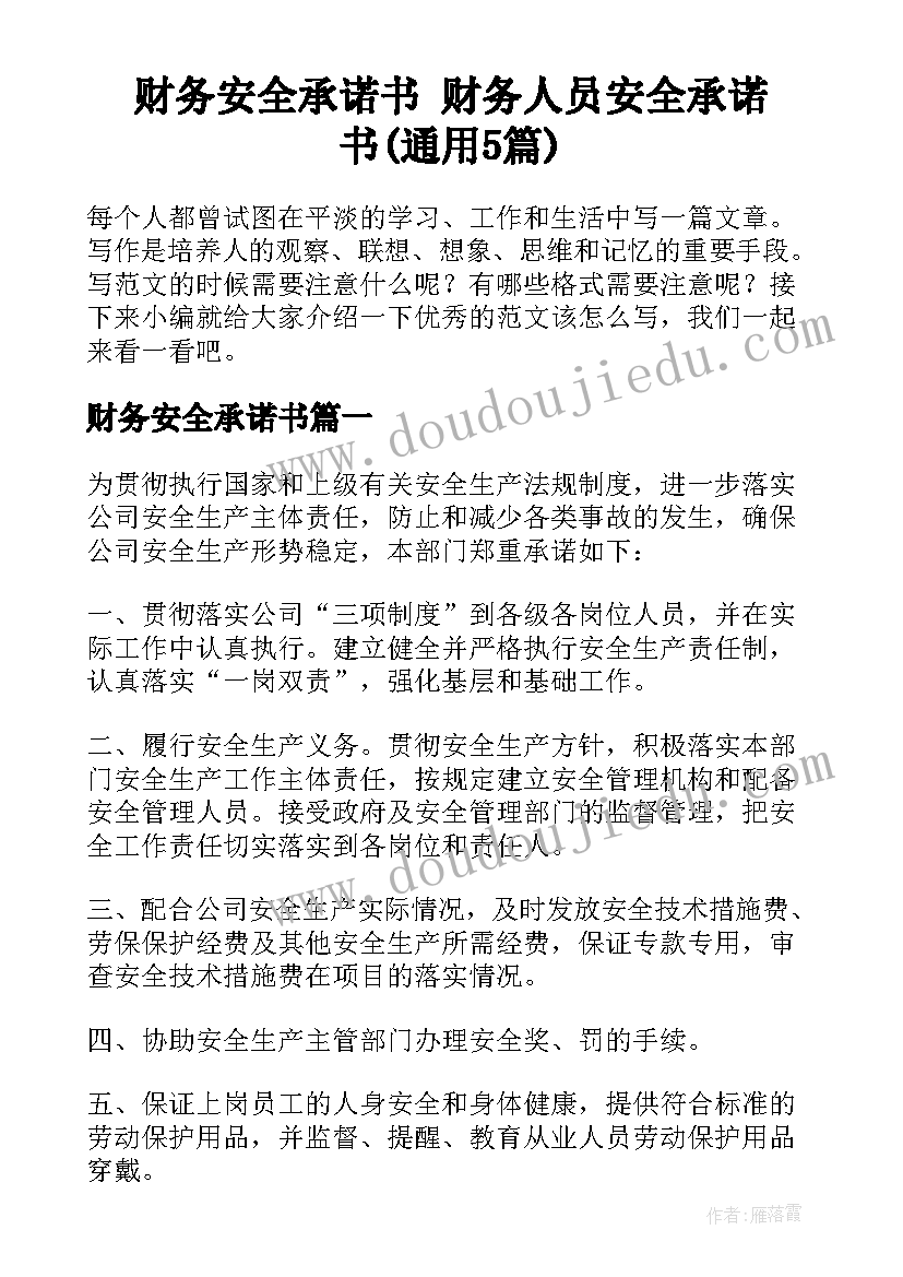 财务安全承诺书 财务人员安全承诺书(通用5篇)