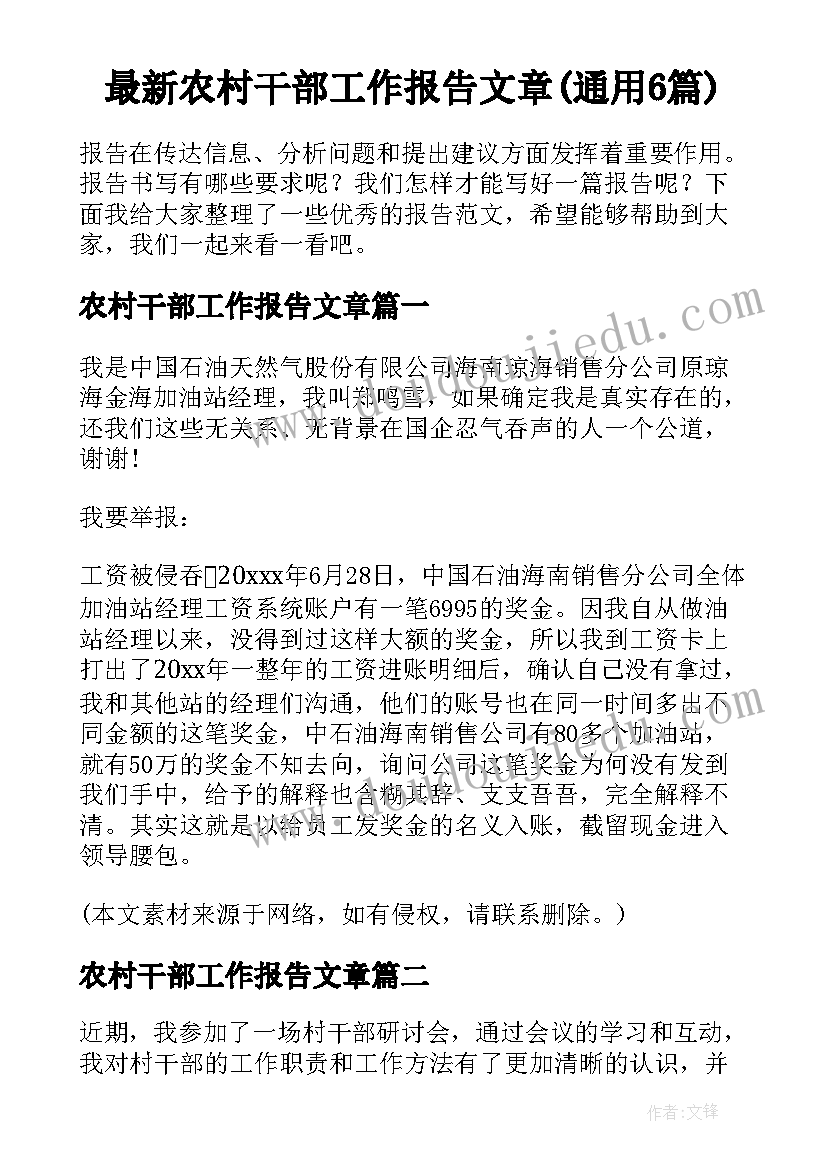 最新农村干部工作报告文章(通用6篇)