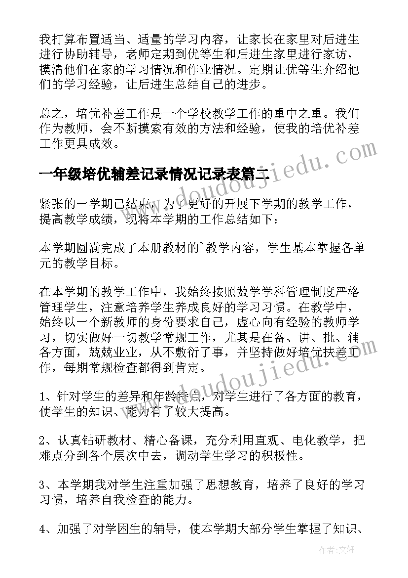 最新一年级培优辅差记录情况记录表 一年级数学培优辅差工作计划(优质5篇)