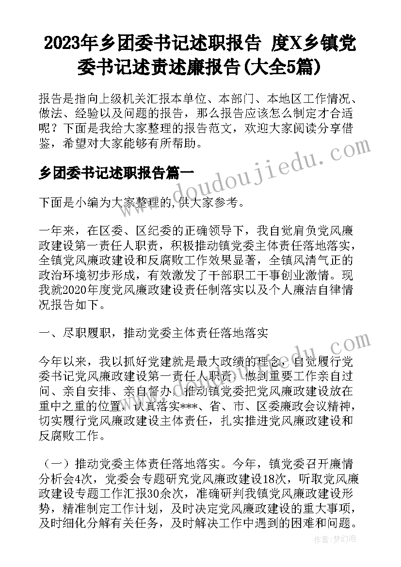 2023年乡团委书记述职报告 度X乡镇党委书记述责述廉报告(大全5篇)