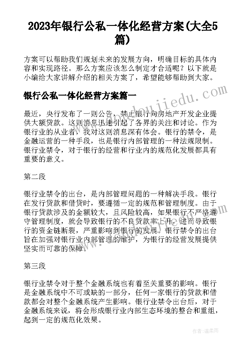 2023年银行公私一体化经营方案(大全5篇)