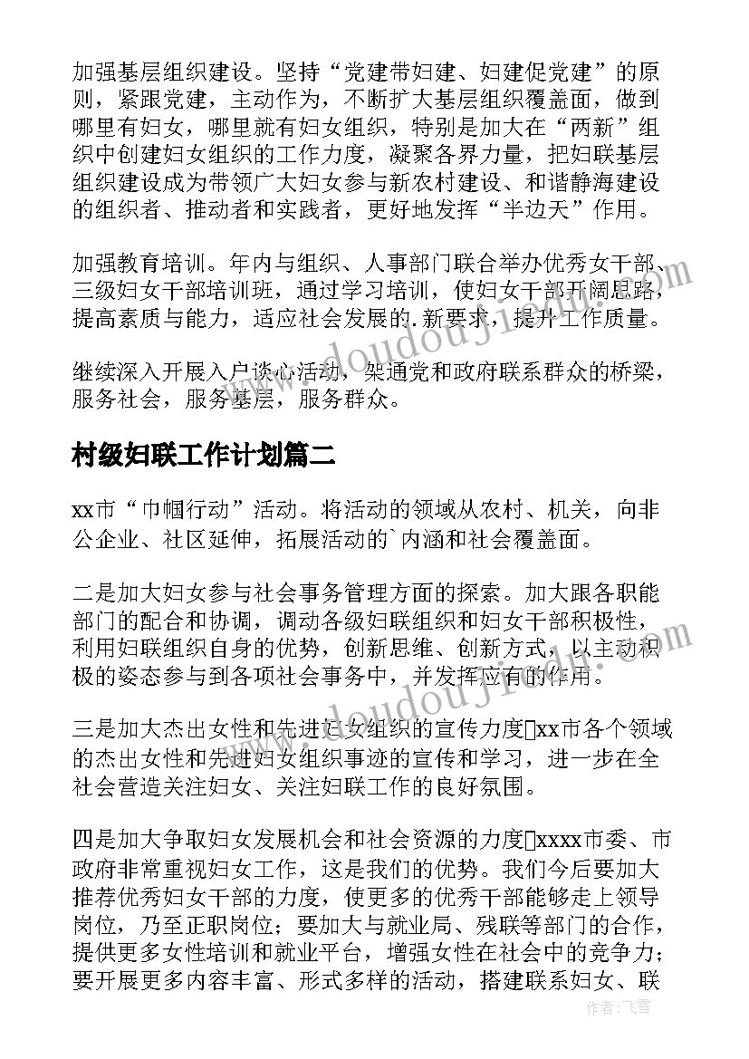 村级妇联工作计划(模板6篇)