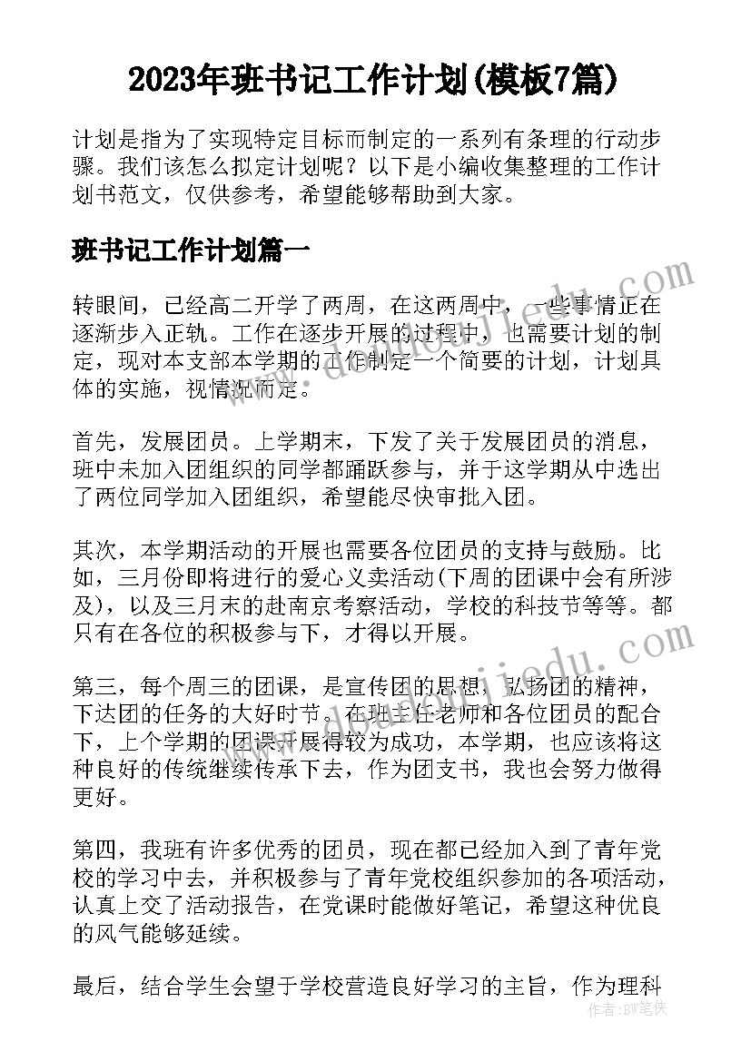 2023年班书记工作计划(模板7篇)