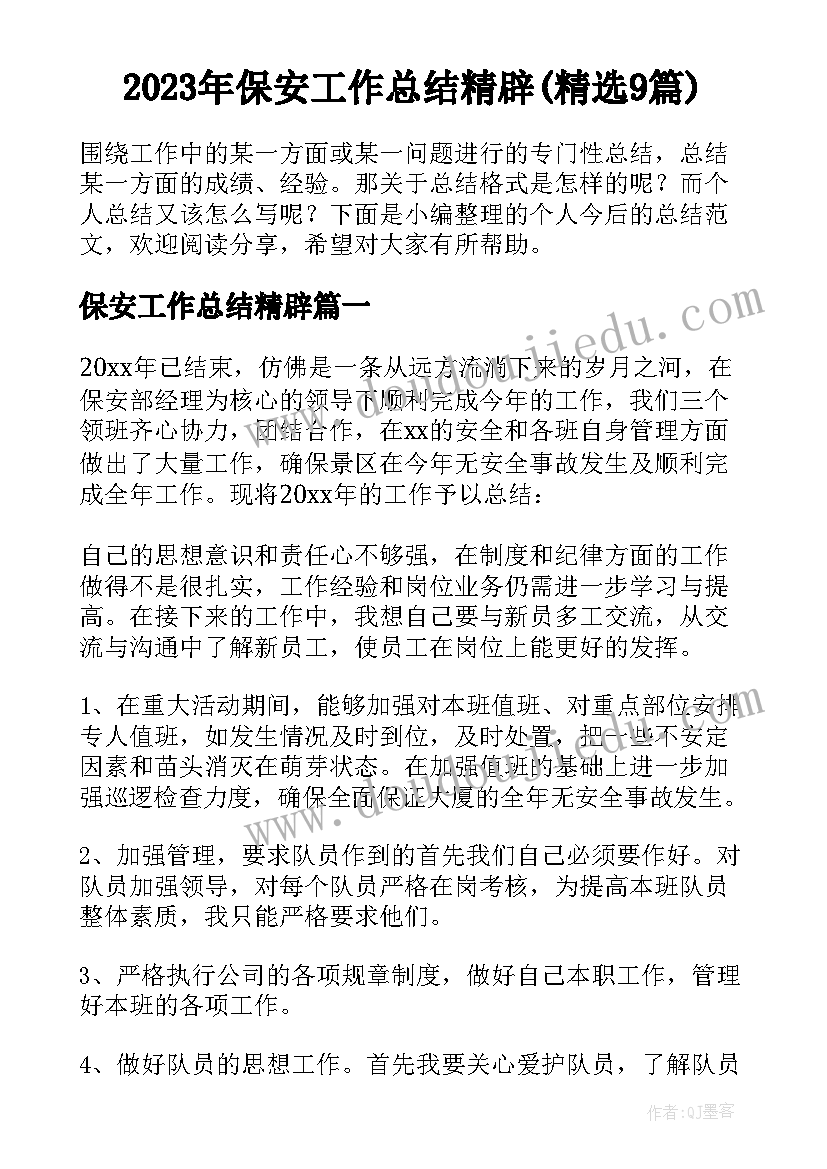 2023年保安工作总结精辟(精选9篇)