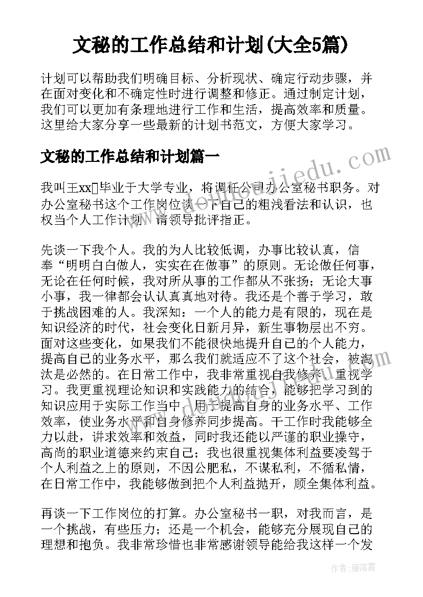 文秘的工作总结和计划(大全5篇)