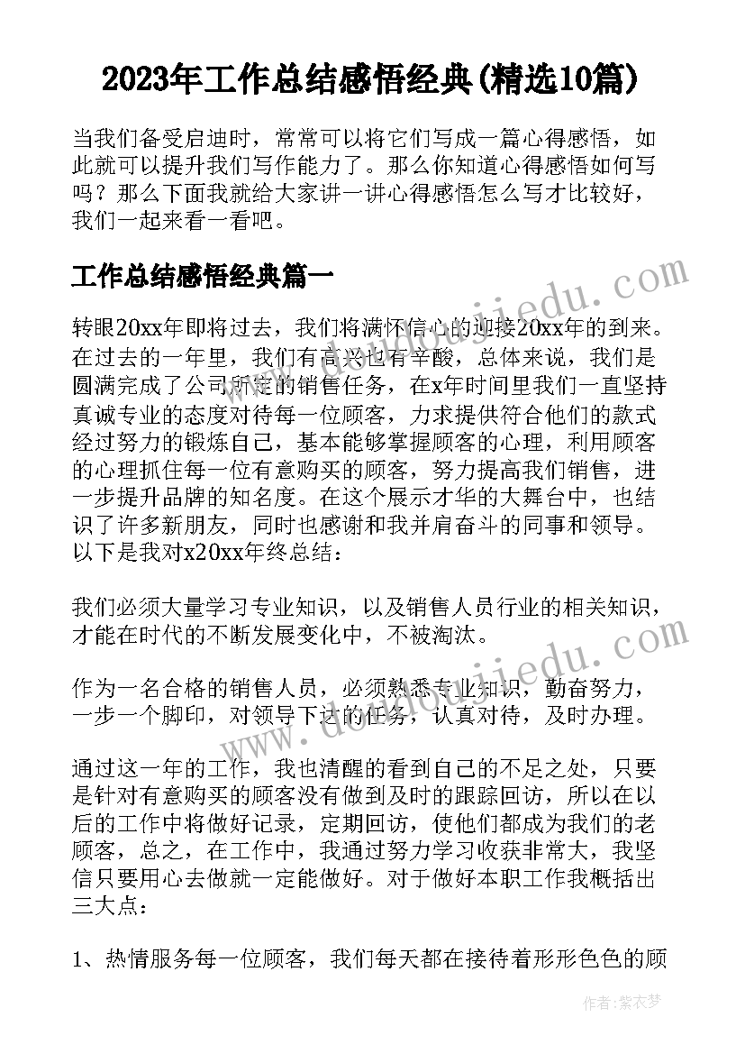 2023年工作总结感悟经典(精选10篇)