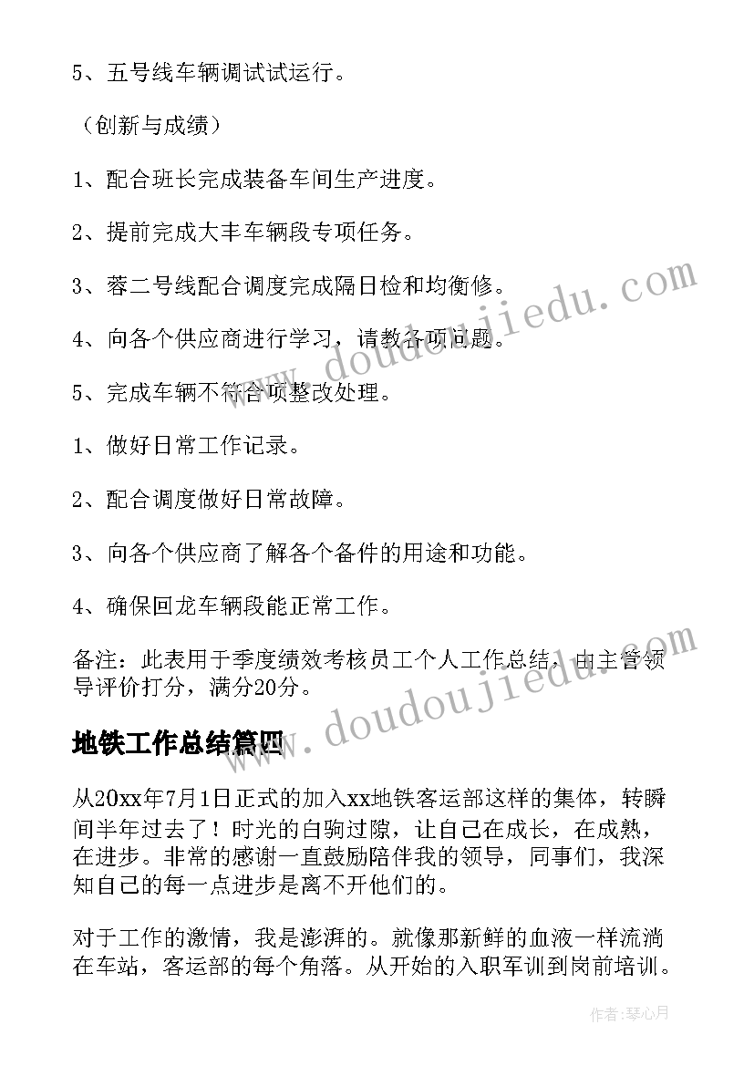 最新地铁工作总结(实用6篇)