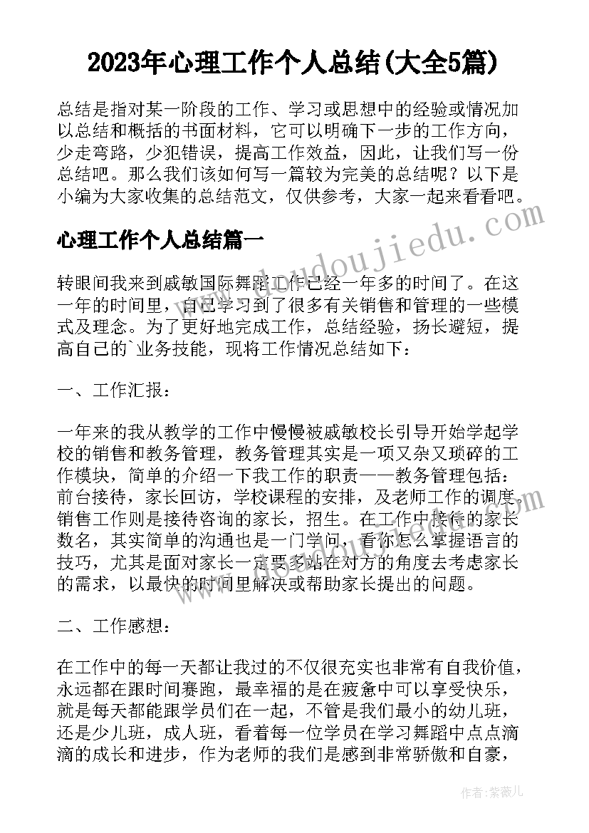 2023年心理工作个人总结(大全5篇)