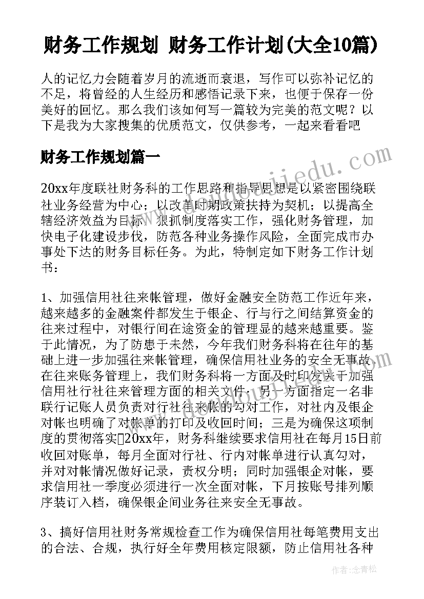 财务工作规划 财务工作计划(大全10篇)