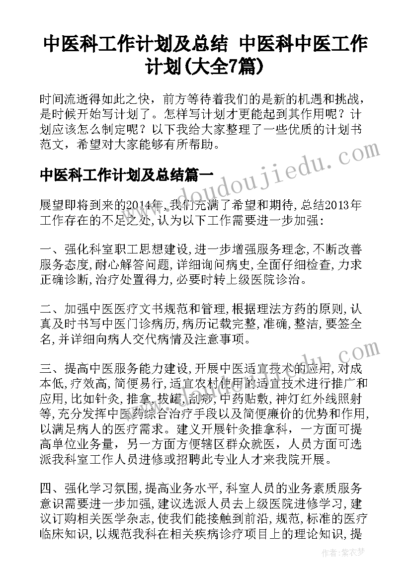 中医科工作计划及总结 中医科中医工作计划(大全7篇)