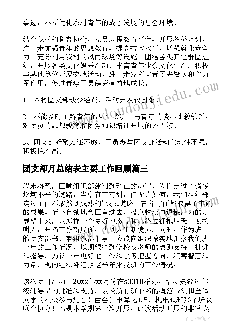 最新团支部月总结表主要工作回顾(通用7篇)