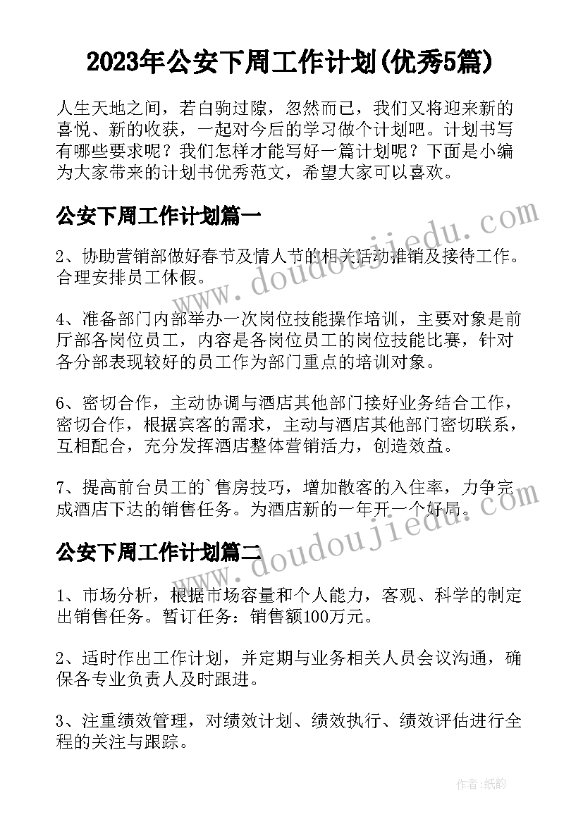 2023年公安下周工作计划(优秀5篇)