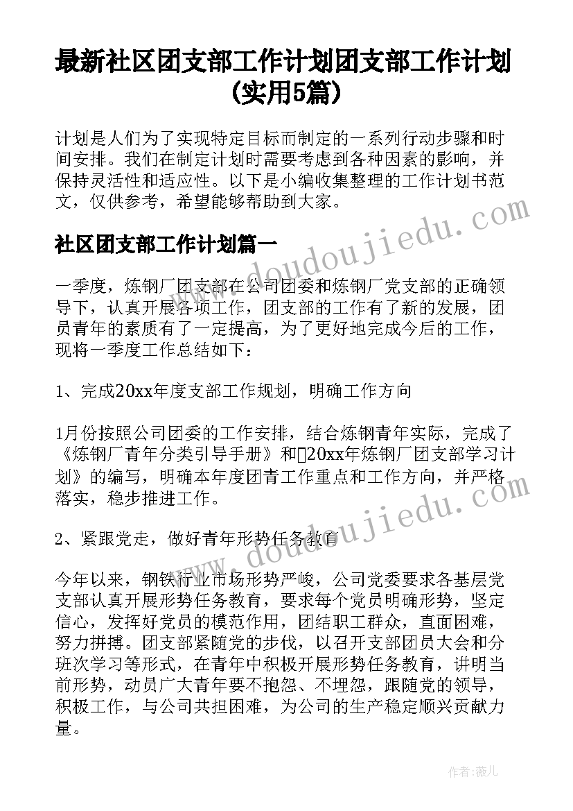 最新社区团支部工作计划 团支部工作计划(实用5篇)