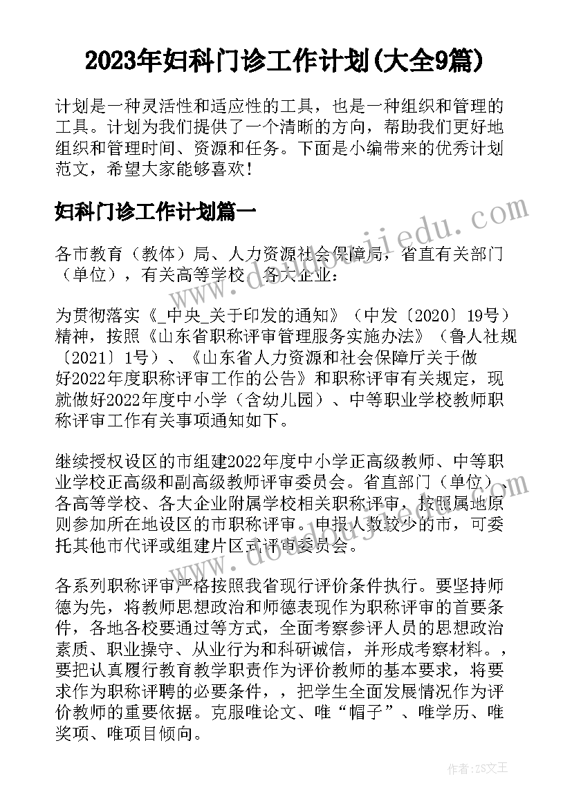 2023年妇科门诊工作计划(大全9篇)