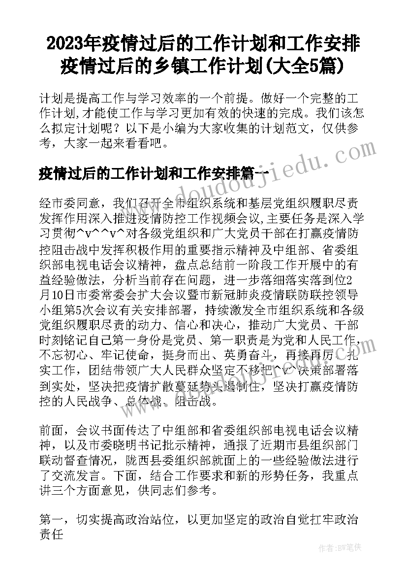 2023年疫情过后的工作计划和工作安排 疫情过后的乡镇工作计划(大全5篇)