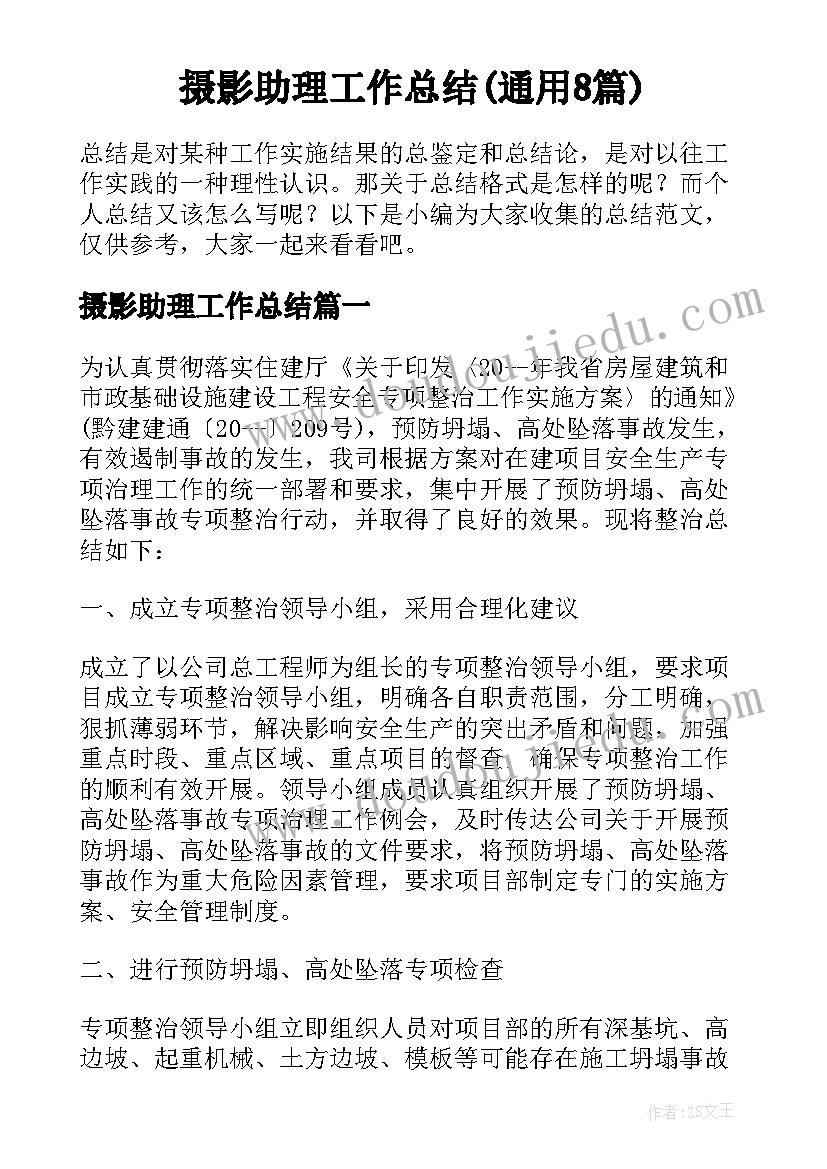 摄影助理工作总结(通用8篇)